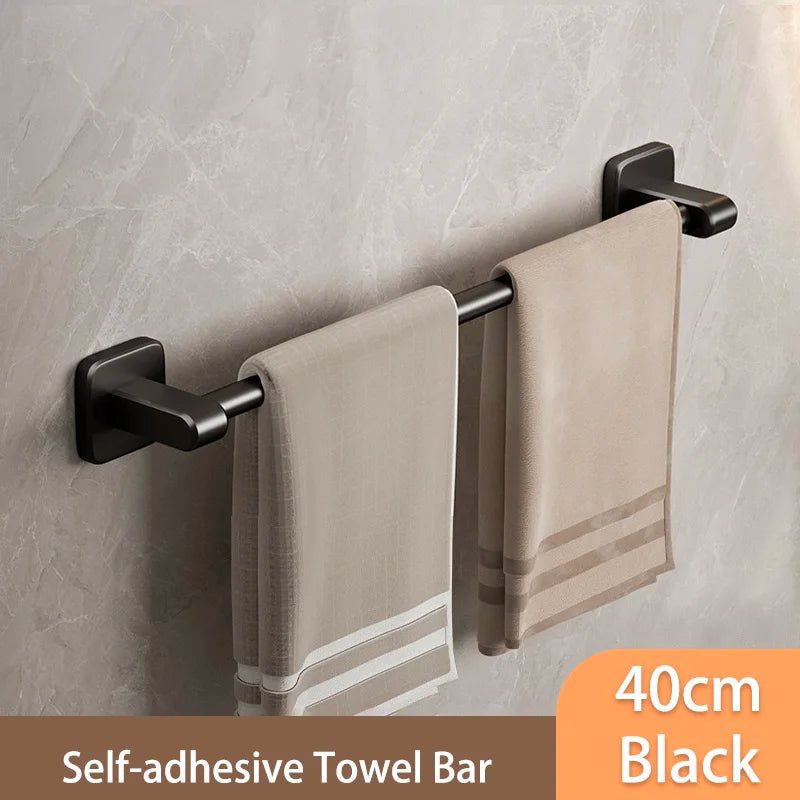 Self-Adhesive Bathroom Towel Rack Holder without Drilling Kitchen Cabinet Dishcloth Rack Black Aluminum Hand Towel Hanger Rod