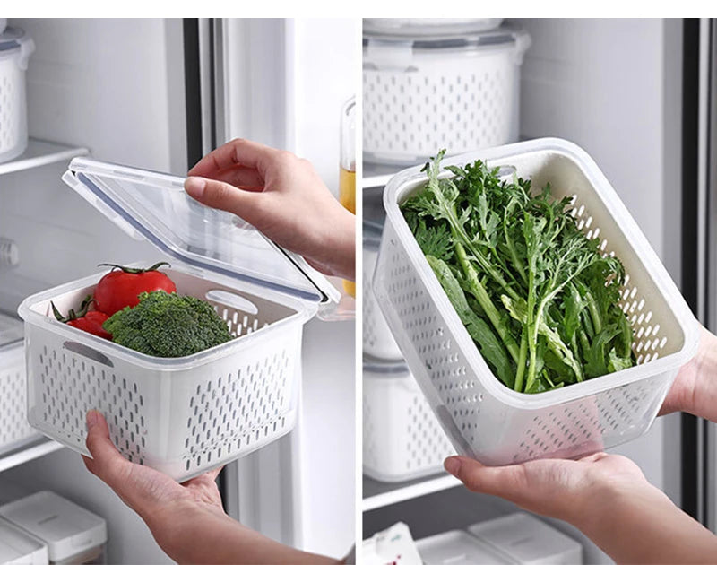 Multipurpose Refrigerator Storage Container with Drain Basket Crisper and Storage Box for Fruits Vegetables