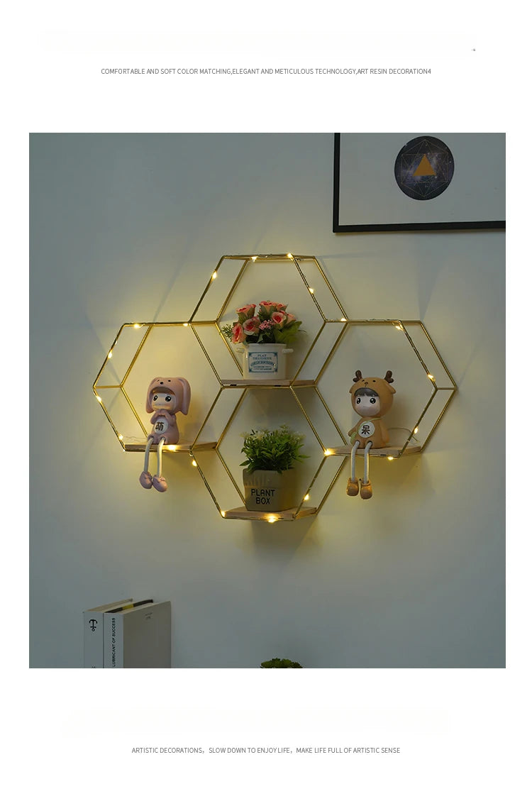 Bracket Black Wall Decor Hexagon Floating Shelf Metal Wood Corner Decorations Modern Wooden Base Small Storage Shelves