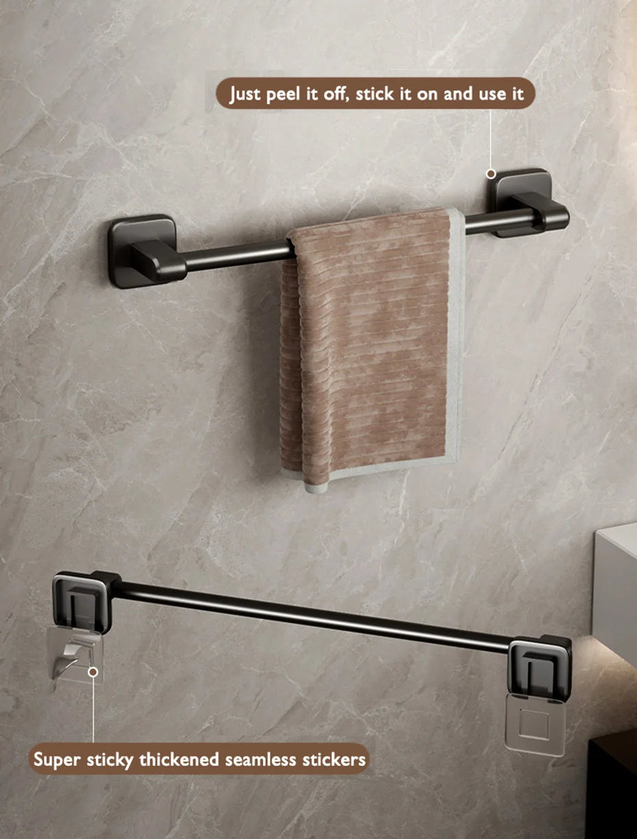 Self-Adhesive Bathroom Towel Rack Holder without Drilling Kitchen Cabinet Dishcloth Rack Black Aluminum Hand Towel Hanger Rod
