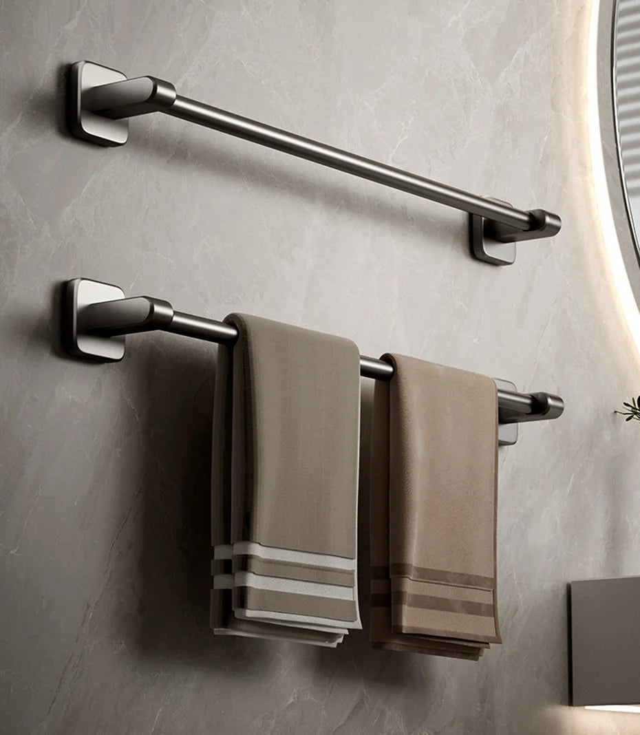 Self-Adhesive Bathroom Towel Rack Holder without Drilling Kitchen Cabinet Dishcloth Rack Black Aluminum Hand Towel Hanger Rod