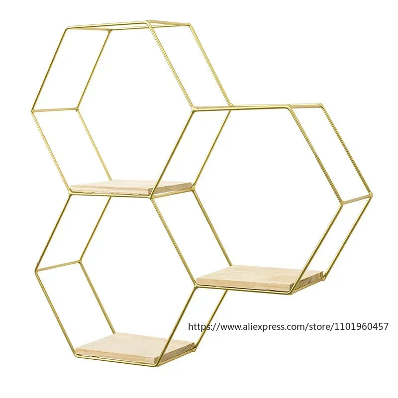 Bracket Black Wall Decor Hexagon Floating Shelf Metal Wood Corner Decorations Modern Wooden Base Small Storage Shelves