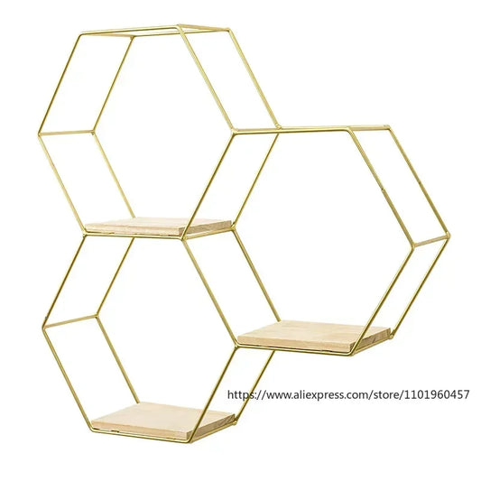 Bracket Black Wall Decor Hexagon Floating Shelf Metal Wood Corner Decorations Modern Wooden Base Small Storage Shelves