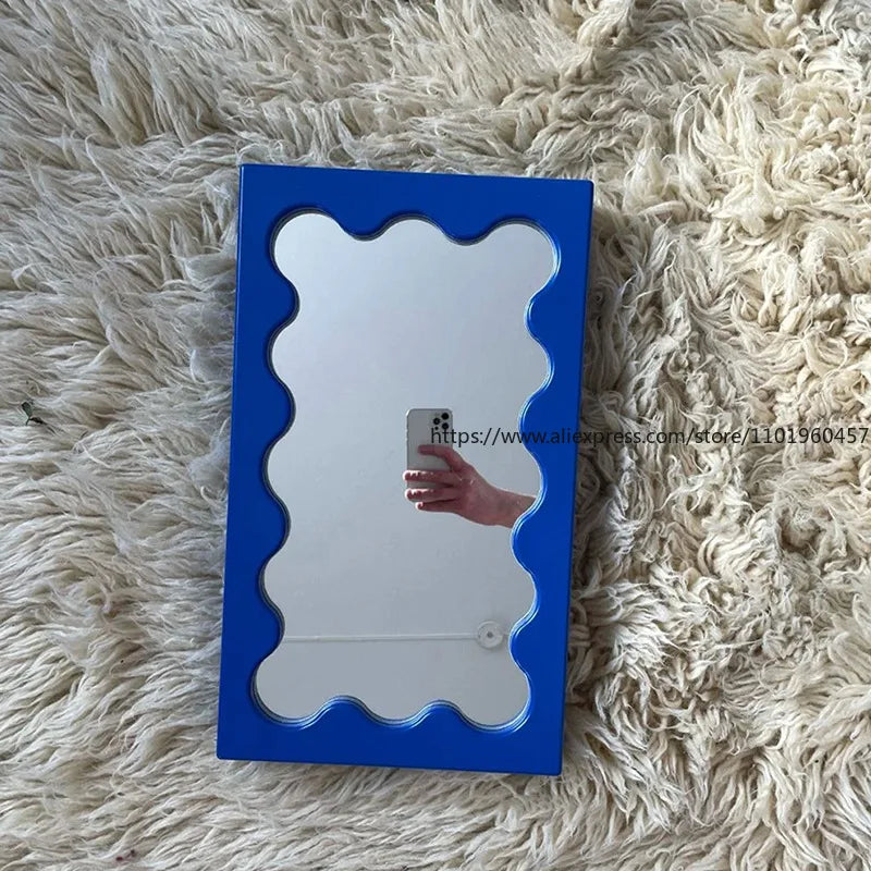 Nordic Ins-Style Rectangular Wavy Dressing Desktop Makeup Mirror Wall Bathroom Bedroom Entrance Mirror