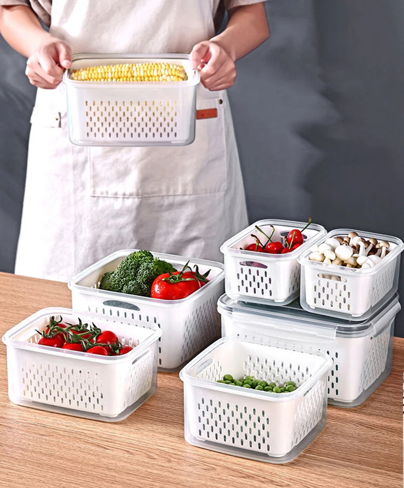 Multipurpose Refrigerator Storage Container with Drain Basket Crisper and Storage Box for Fruits Vegetables