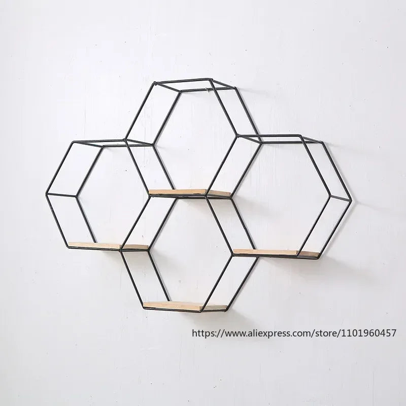 Bracket Black Wall Decor Hexagon Floating Shelf Metal Wood Corner Decorations Modern Wooden Base Small Storage Shelves