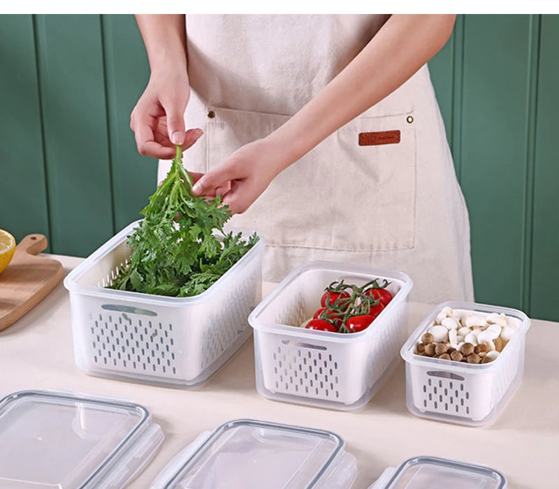 Multipurpose Refrigerator Storage Container with Drain Basket Crisper and Storage Box for Fruits Vegetables