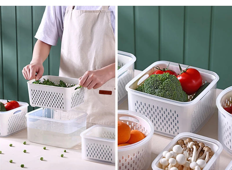 Multipurpose Refrigerator Storage Container with Drain Basket Crisper and Storage Box for Fruits Vegetables