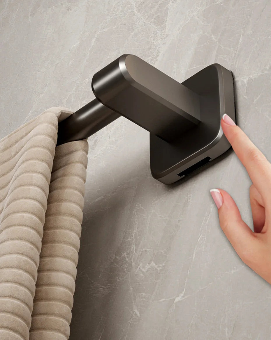 Self-Adhesive Bathroom Towel Rack Holder without Drilling Kitchen Cabinet Dishcloth Rack Black Aluminum Hand Towel Hanger Rod