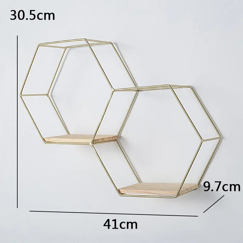 Bracket Black Wall Decor Hexagon Floating Shelf Metal Wood Corner Decorations Modern Wooden Base Small Storage Shelves