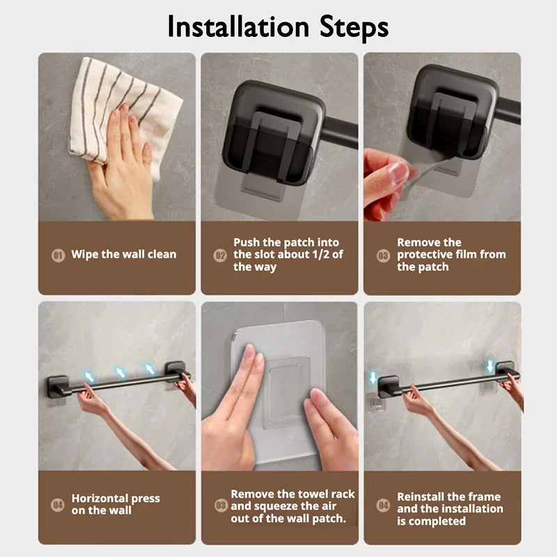 Self-Adhesive Bathroom Towel Rack Holder without Drilling Kitchen Cabinet Dishcloth Rack Black Aluminum Hand Towel Hanger Rod