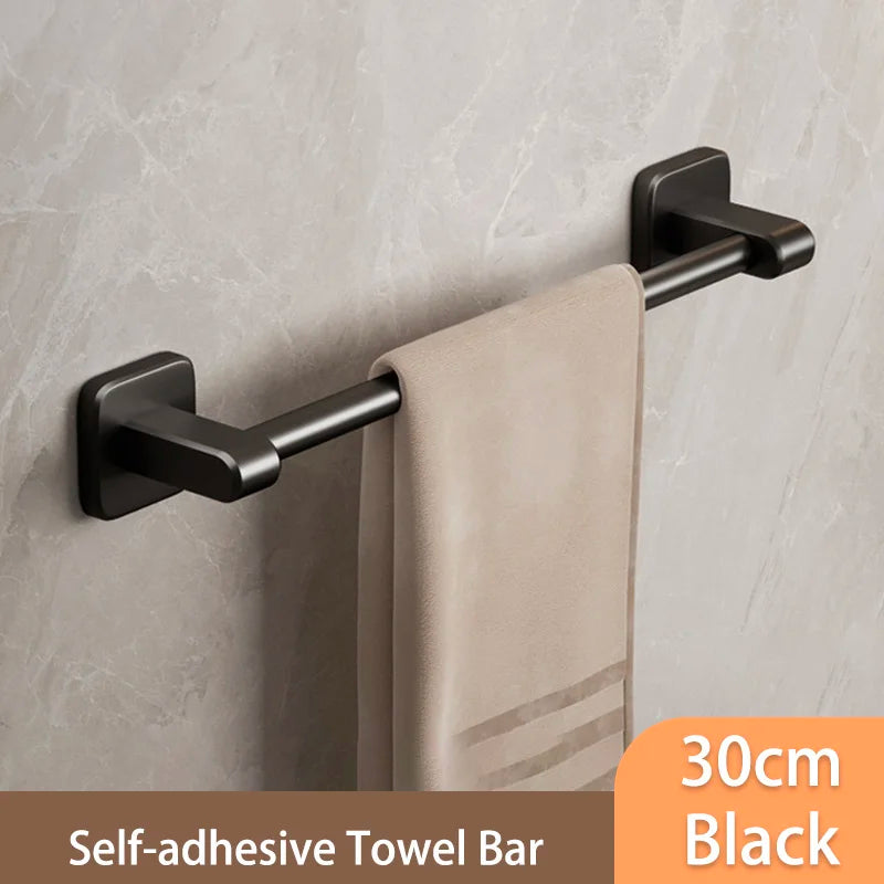 Self-Adhesive Bathroom Towel Rack Holder without Drilling Kitchen Cabinet Dishcloth Rack Black Aluminum Hand Towel Hanger Rod