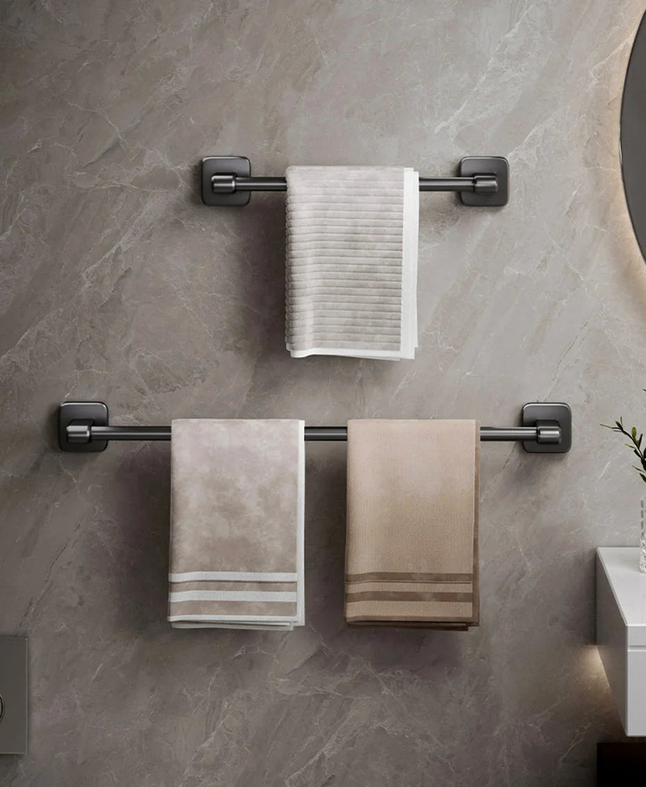 Self-Adhesive Bathroom Towel Rack Holder without Drilling Kitchen Cabinet Dishcloth Rack Black Aluminum Hand Towel Hanger Rod