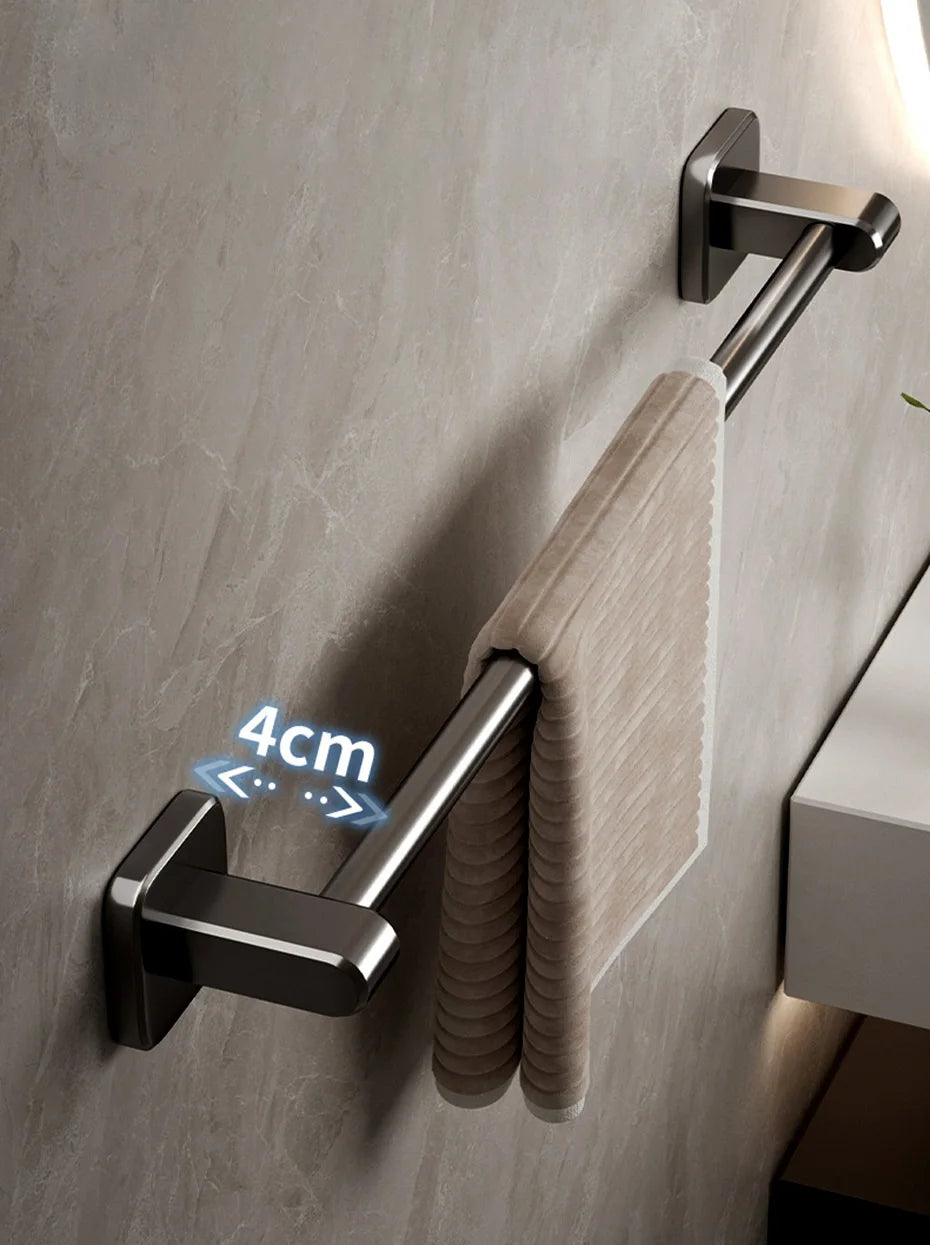 Self-Adhesive Bathroom Towel Rack Holder without Drilling Kitchen Cabinet Dishcloth Rack Black Aluminum Hand Towel Hanger Rod