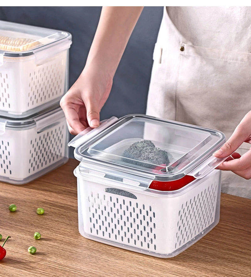 Multipurpose Refrigerator Storage Container with Drain Basket Crisper and Storage Box for Fruits Vegetables