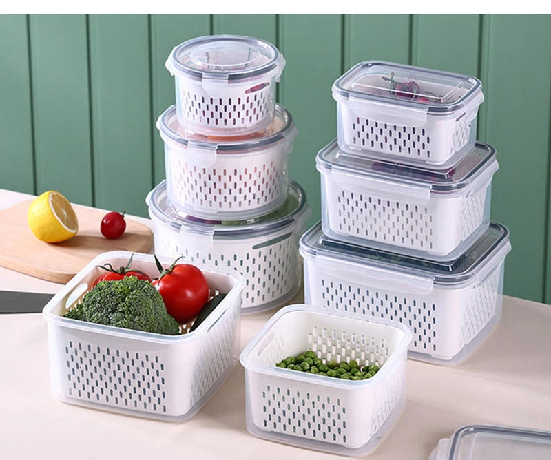 Multipurpose Refrigerator Storage Container with Drain Basket Crisper and Storage Box for Fruits Vegetables