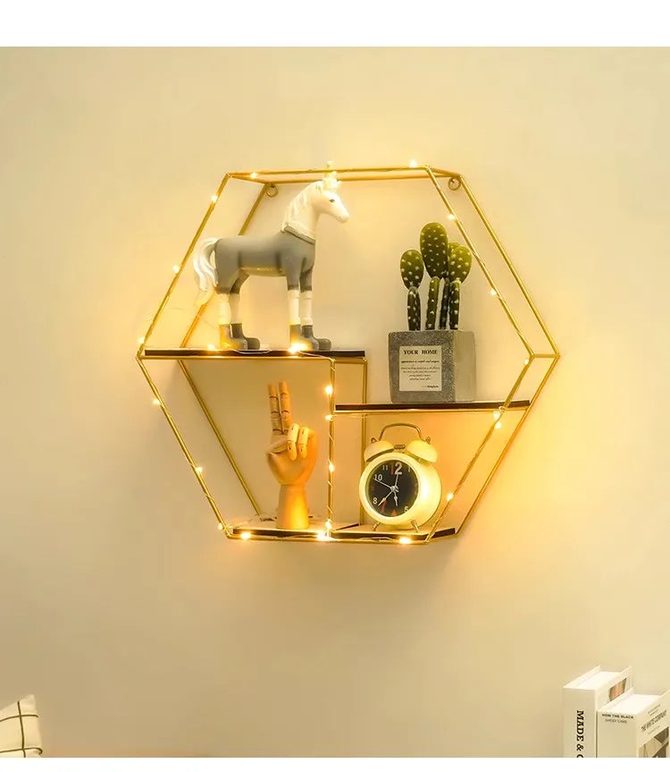 Bracket Black Wall Decor Hexagon Floating Shelf Metal Wood Corner Decorations Modern Wooden Base Small Storage Shelves