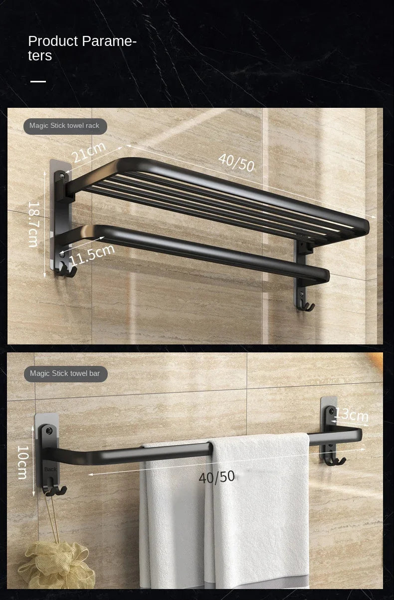 40/50/60CM No-Nail Bathroom Towel Holder Bathroom Accessories Wall Mount Rail Shower Hanger Aluminum Bar Shelf
