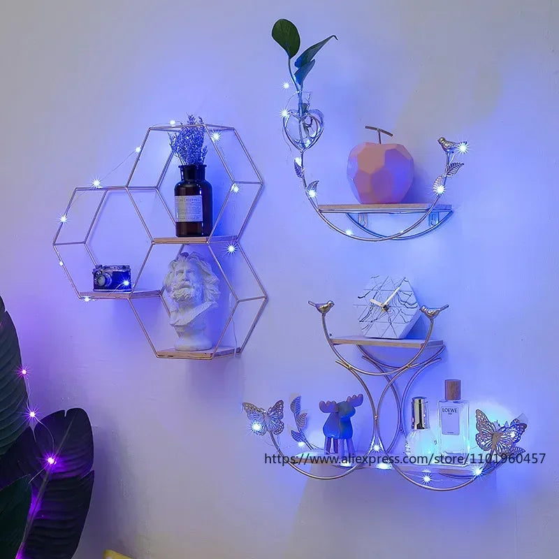 Bracket Black Wall Decor Hexagon Floating Shelf Metal Wood Corner Decorations Modern Wooden Base Small Storage Shelves