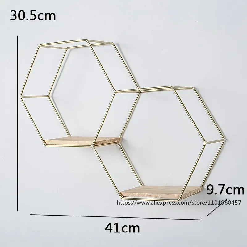 Bracket Black Wall Decor Hexagon Floating Shelf Metal Wood Corner Decorations Modern Wooden Base Small Storage Shelves
