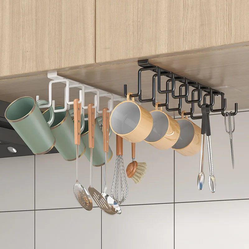 Double Row Multifunctional Storage Hook Rack Cabinets with No Drilling Cup Holder Kitchen Tool Hanging Organizer Storage Shelf