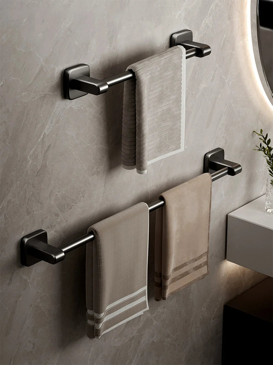 Self-Adhesive Bathroom Towel Rack Holder without Drilling Kitchen Cabinet Dishcloth Rack Black Aluminum Hand Towel Hanger Rod