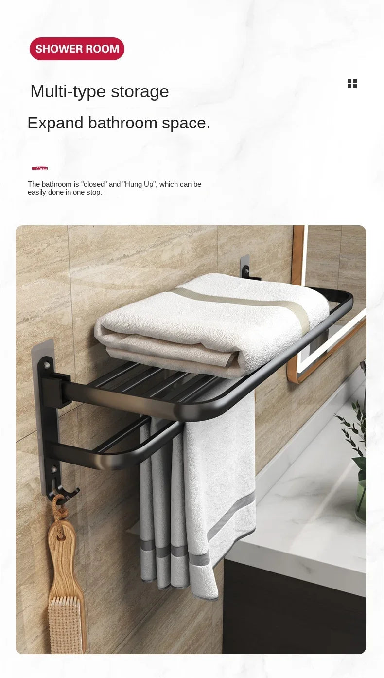 40/50/60CM No-Nail Bathroom Towel Holder Bathroom Accessories Wall Mount Rail Shower Hanger Aluminum Bar Shelf