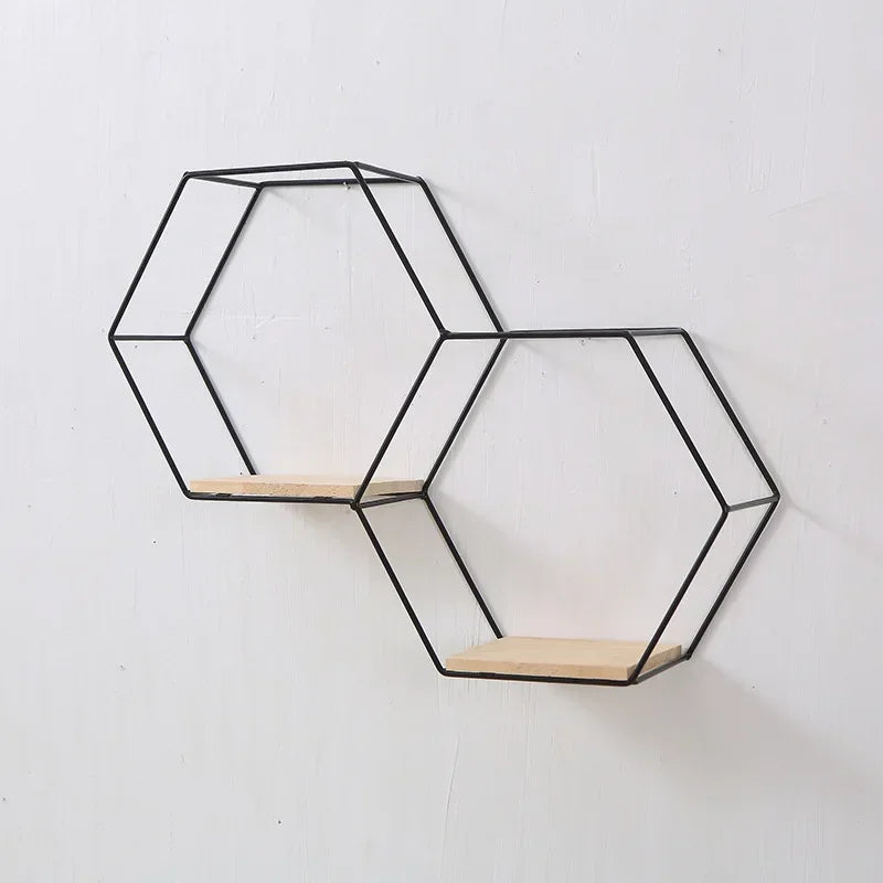Bracket Black Wall Decor Hexagon Floating Shelf Metal Wood Corner Decorations Modern Wooden Base Small Storage Shelves