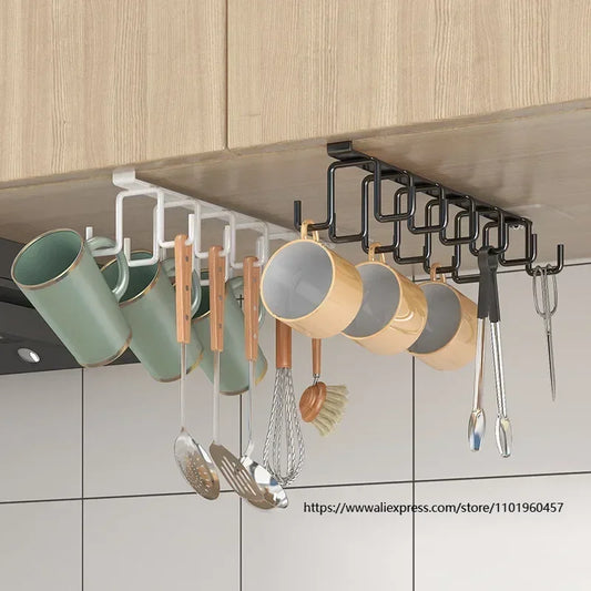 Double Row Multifunctional Storage Hook Rack Cabinets with No Drilling Cup Holder Kitchen Tool Hanging Organizer Storage Shelf